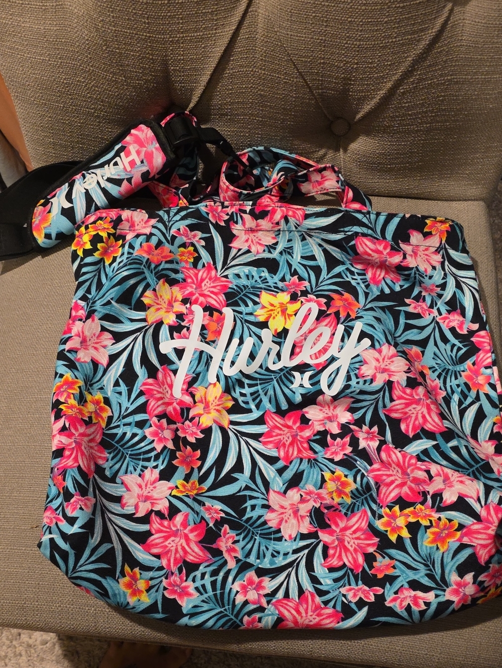 Hurley Black Floral Beach Tote with Pink & Yellow Blooms